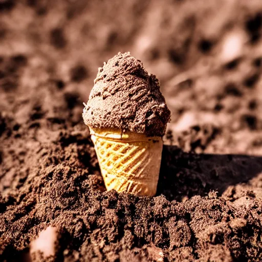 Image similar to macro photo of an ice cream cone covered in dirt and hair