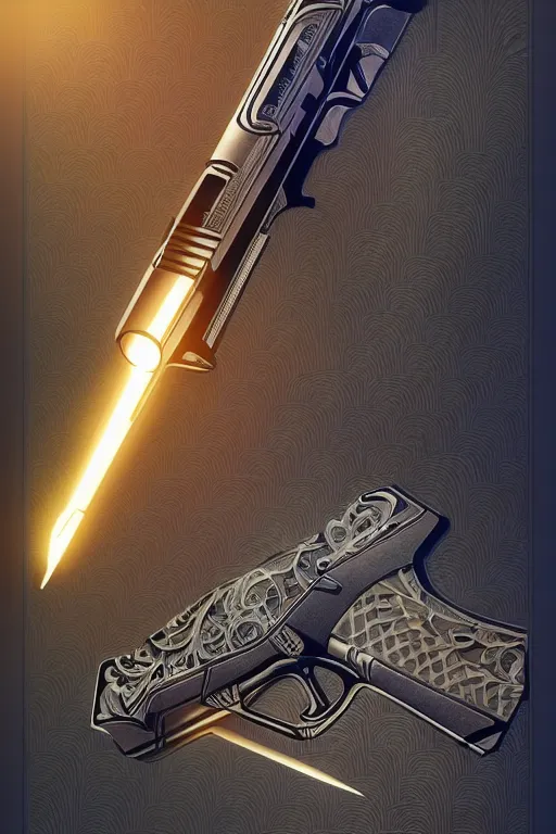 Image similar to Pierce Brosnan as James Bond, art deco, fantasy, intricate art deco leaf designs, elegant, highly detailed Glock pistol, sharp focus, art by Artgerm and beeple and Greg Rutkowski and WLOP