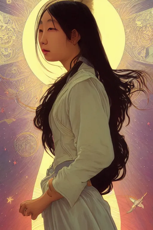 Image similar to edge of the universe, asian girl, space, stars, starship, digital art, smooth defined outlines, vector background, by brom, trending on artstation, alphonse mucha, tom bagshaw, sargent