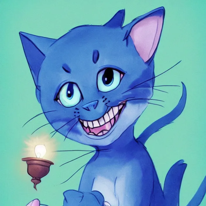 Image similar to cute blue cat of cheshire from alice in wonderland. an adorable cat with light blue stripes and a big human like playful smile. award - winning digital art, trending on artstation
