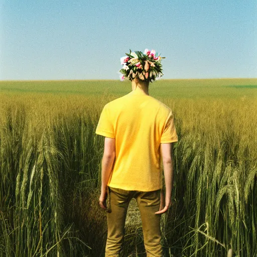 Image similar to kodak portra 4 0 0 photograph of a skinny blonde guy standing in field of wheat, back view, flower crown, moody lighting, telephoto, 9 0 s vibe, blurry background, vaporwave colors, faded!,