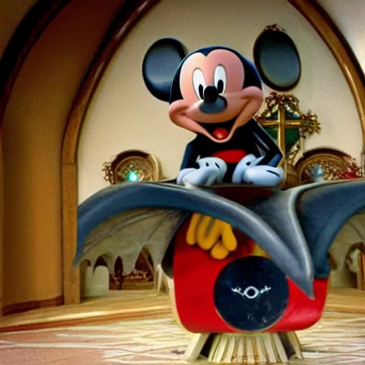 Prompt: Mickey Mouse riding a pterodactyl in a church, In the movie Star Wars