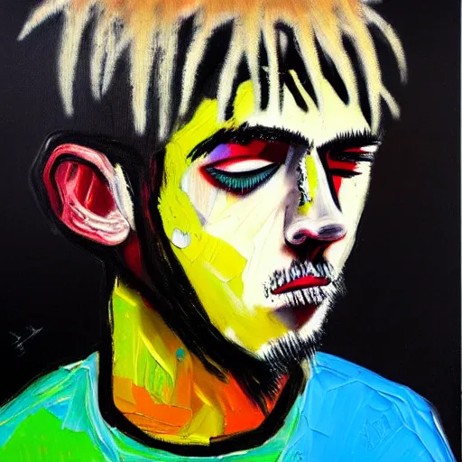 Image similar to detailed neo expressionism oil painting of sad boy lil peep rapper by basquiat