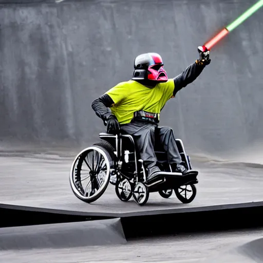 Image similar to darth vader in a wheelchair on a half pipe ramp at x - games action photo magazine