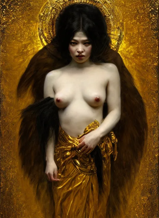 Prompt: highly detailed oil painting | very intricate | cinematic lighting | black, white and gold color scheme, dark background | asian demon | by roberto ferri, by gustav moreau, by singer sargent and klimt, american romanticism, occult art | by austin osman spare, artstation, cgsociety, official art, octane