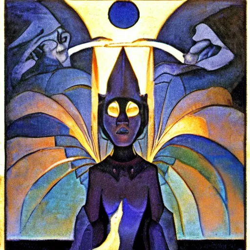 Image similar to the subway witch, by leo and diane dillon and diego rivera and nicholas roerich, dramatic lighting, god rays, smooth, sharp focus, highly detailed