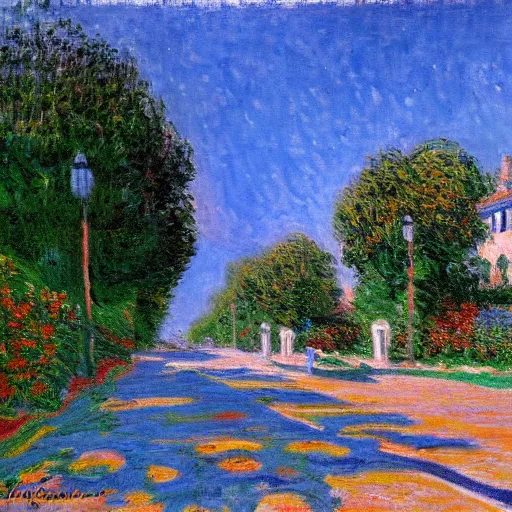 Image similar to suburban street painted in the style of Claude Monet