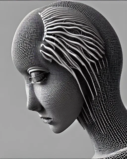 Image similar to mythical black and white organic bio-mechanical spinal ribbed profile face portrait detail of mechanical beautiful female angelic-vegetal-cyborg, highly detailed, intricate steampunk ornate, poetic, 3D render, digital art, octane render, 8K artistic photography, photo-realistic, by Dora Maar