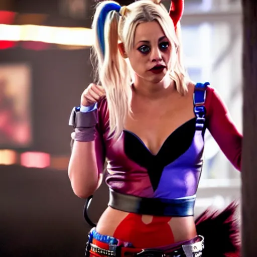 Image similar to A still of Kaley Cuoco as Harley Quinn