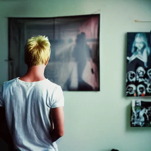 Image similar to kodak portra 4 0 0 photograph of a skinny blonde guy standing in cluttered 9 0 s bedroom, back view, moody lighting, telephoto, 9 0 s vibe, blurry background, vaporwave colors, faded!,