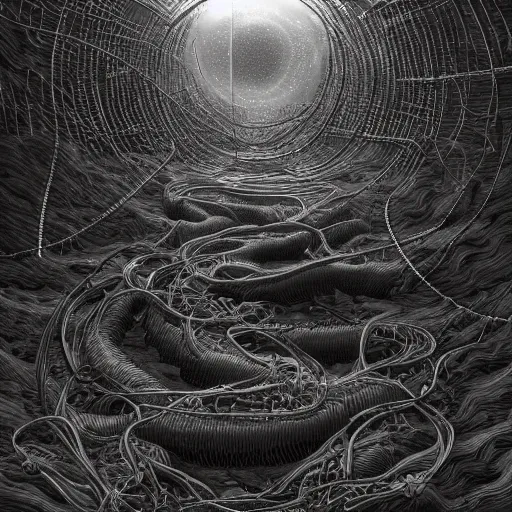 Prompt: dead cyborg river by jeffrey smith and wlop and gustave dore, featuring rhodium wires, circuitry, code, binary, cryptonomicon, dmt entity, ambient occlusion, 3 d concept render, scientifically accurate, artstation, intricate, beautiful, look at that detail!