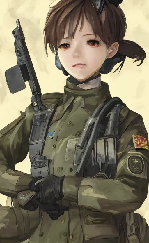 Prompt: portrait of a female soldier, highly detailed, high resolution, military camp in the background, the front of a modern trading card, illustration, character concept art, stunning, girls frontline style, by mangaka, matte, 100mm, by shibafu, studio mappa, realistic human anatomy, realistic military carrier, modern warfare, realistic weapon, digitally draw on wacom tablet, low saturation, small eyes