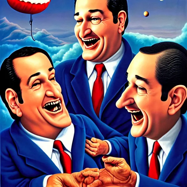 Image similar to an oil on canvas portrait painting of ted cruz telling a joke about the the republican party, surrealism, surrealist, cosmic horror, rob gonsalves, high detail