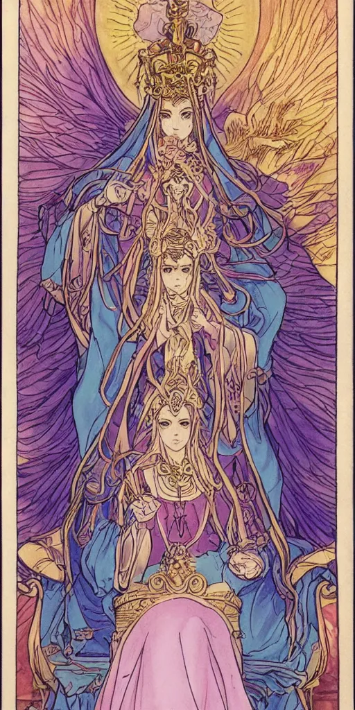 Prompt: a mystical woman priestess sitting on a throne, the divine feminine, drawn by studio UFOTABLE, fine line work, pastel colors, Tarot cards