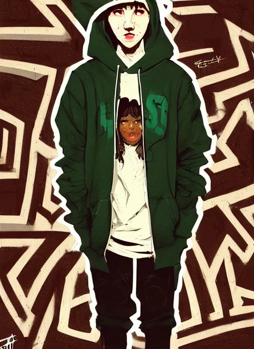 Image similar to highly detailed portrait of a sewer style seattle student, tartan hoody, by atey ghailan, by greg rutkowski, by greg tocchini, by james gilleard, by joe fenton, by kaethe butcher, gradient green, brown, blonde crea, orange, brown and white color scheme, grunge aesthetic!!! ( ( graffiti tag wall background ) )