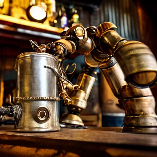 Prompt: steampunk robot drinking a cup of oil in a bar