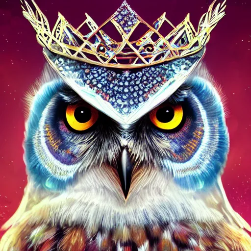 Image similar to detailed portrait of a magical owl, wearing a diamond crown, glowing feathers, digital art, realistic, dnd, character design, artstation