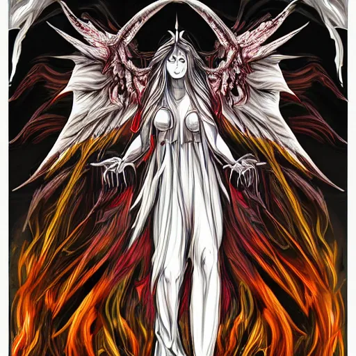 Image similar to hybrid of an angel and demon, made of flowing energy, horns, wings, villain look, trending on arstation HD