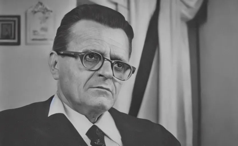 Prompt: 50s movie still full-lenght portrait of Josip Broz Tito, by yousuf karsh , Cinestill 800t 35mm black and white, heavy grainy picture, very detailed, high quality, 4k, HD criterion, precise texture