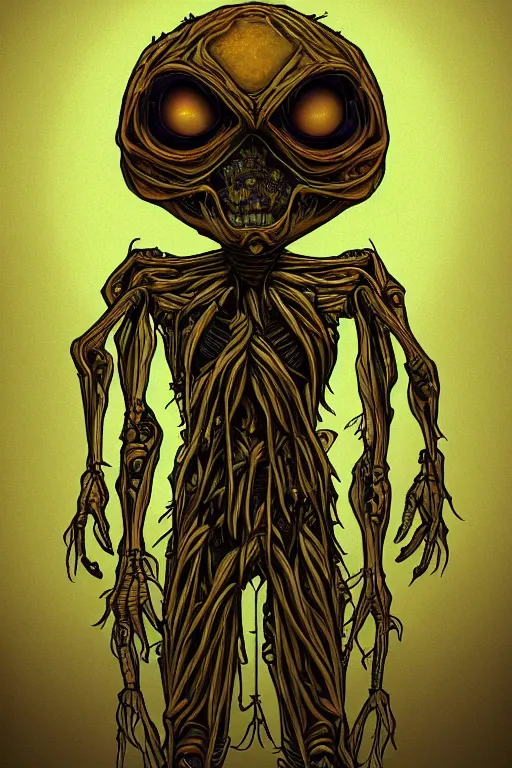 Image similar to alien scarecrow, symmetrical, highly detailed, digital art, sharp focus, trending on art station, anime art style