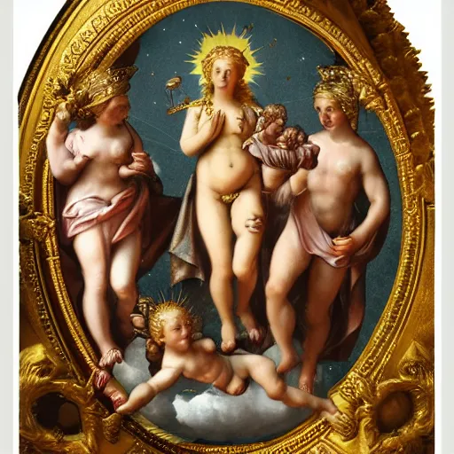 Image similar to Saint Woman, Putti, Venus, Athena, Sistina, baroque, marble and gold, stars, space, sun, pomegranade, pinecone, bronze