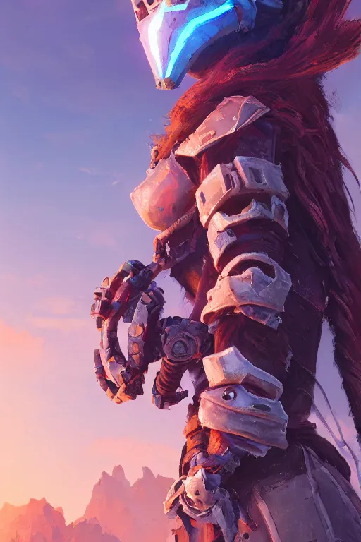 Image similar to combination suit armor aloy horizon forbidden west horizon zero dawn radiating a glowing aura global illumination ray tracing hdr fanart arstation by ian pesty and alena aenami artworks in 4 k tribal robot ninja mask helmet backpack