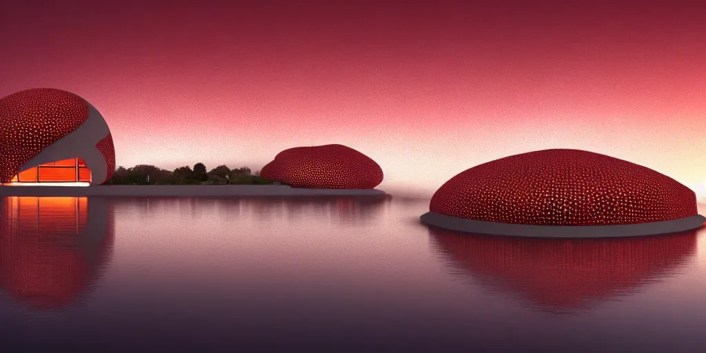 Prompt: A beautiful architectural rendering of a blob shaped trypophobia house with a mysterious red glow emitting from inside in a modern city next to a river, stunning, gorgeous, golden ratio, photorealistic, featured on artstation, 4k resolution