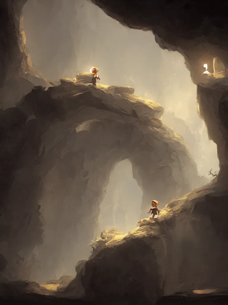 Image similar to lit child, in a dark cave, by disney concept artists, blunt borders, rule of thirds, soft light