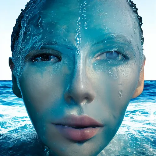 Image similar to water artwork manipulation in the shape of a human head, on the ocean water, amazing water art, ray tracing, realistic water sharp focus, long shot, 8 k resolution, cinematic