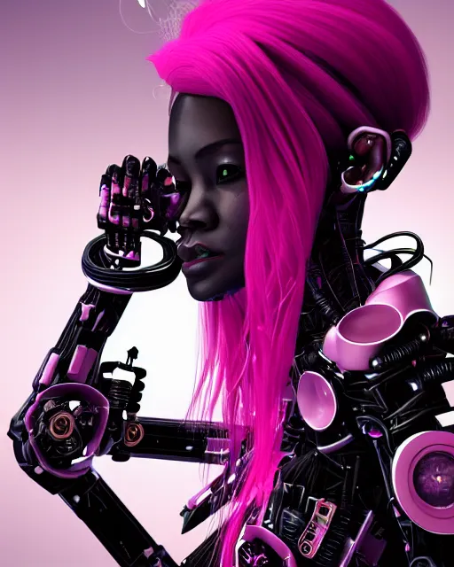 Image similar to portrait of a beautiful black woman with pink hair as a cyberpunk cyborg half robot, revealing wires and electronics, hooked - up, sci - fi, missing panels, intricate abstract upper body intricate artwork, concept art, octane render, deviantart, cinematic, key art, hyperrealism, iridescent accents, portrait photograph, nikon 3 5 mm, photograph by greg rutkowski