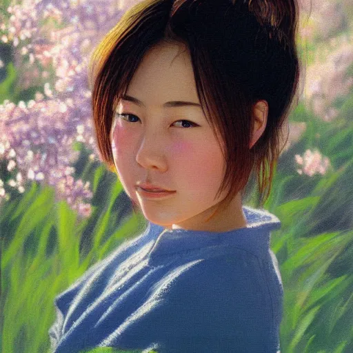 Image similar to detailed portrait of japanese girl, spring light, painting by alex horley