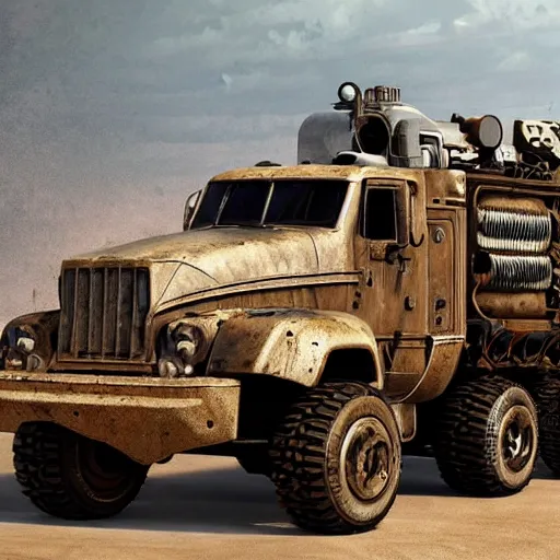 Prompt: a mad max truck with gatling guns on the side, au naturel, hyper detailed, digital art, trending in artstation, cinematic lighting, studio quality, smooth render, unreal engine 5 rendered, octane rendered, art style by klimt and nixeu and ian sprigger and wlop and krenz cushart