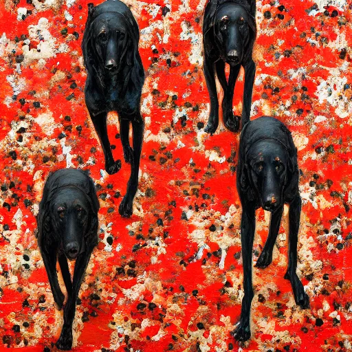 Image similar to a pach of black greyhounds walking through red flowers, by nicola samori