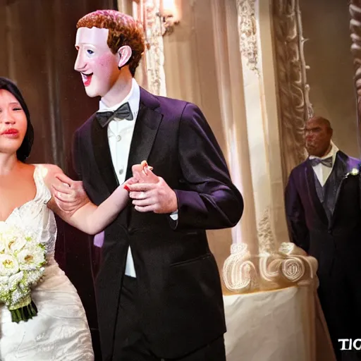 Prompt: animatronic Mark Zuckerberg, exposed mechanics, wedding photo, Stan Winston studios, detailed, 4k