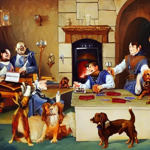 Prompt: Oil painting of dogs playing Dungeons & Dragons, in the style of Cassius Marcellus Coolidge.