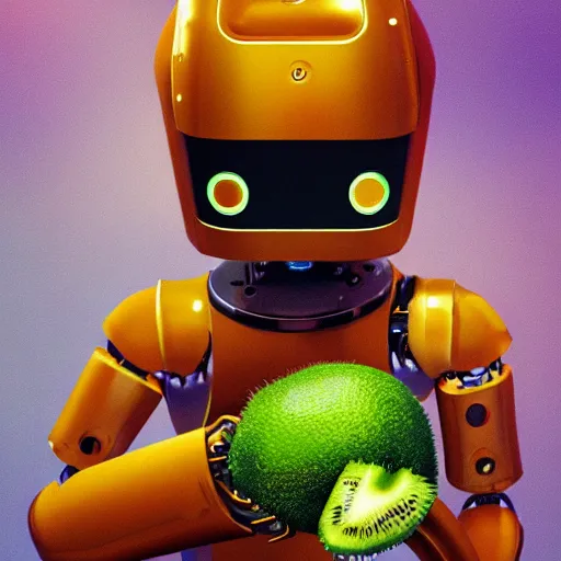 Prompt: a futuristic robot savouring a golden kiwi, ecstatic, uplifting, euphoric, detailed, 8 k, trending on artstation, award - winning art