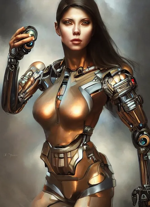 Image similar to a beautiful woman with cybernetic muscles, painted by artgerm and tom bagshaw, fantasy art, dramatic lighting, highly detailed oil painting