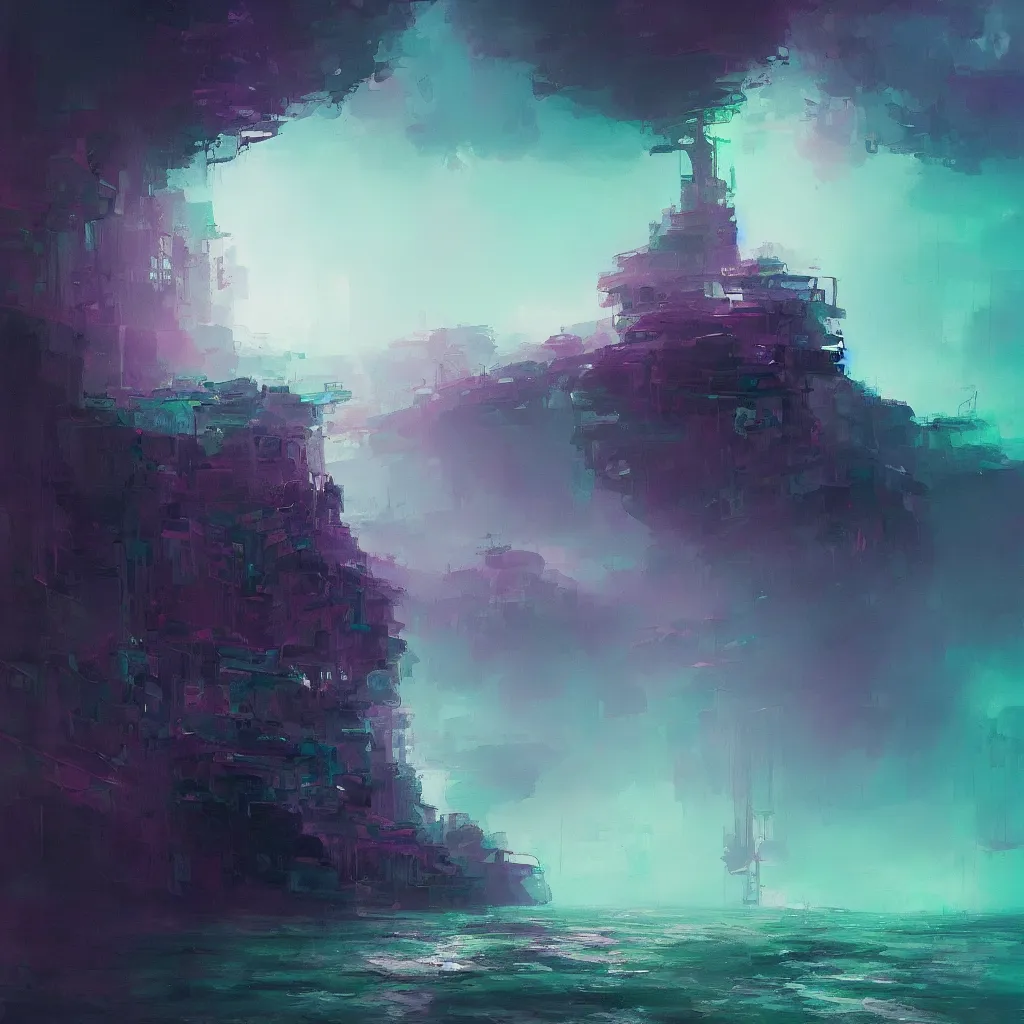 Prompt: green sea and dark purple illusion tower in the back, by wenjun lin, by artem chebokha, by alena aenami, by ian llanas, 4 k