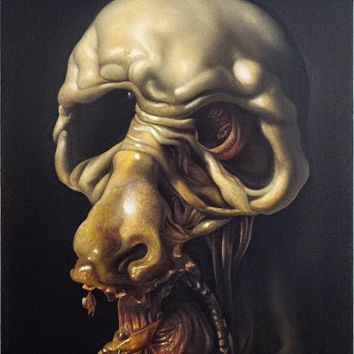 Image similar to oil painting with black background by christian rex van minnen rachel ruysch dali todd schorr of a chiaroscuro portrait of an extremely bizarre disturbing mutated man with acne intense chiaroscuro cast shadows obscuring features dramatic lighting perfect composition masterpiece