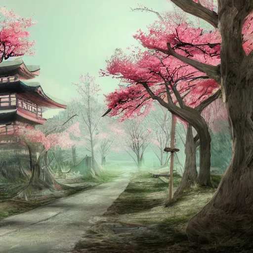 Prompt: abandoned Japanese village full of spring trees, concept art, digital art, well detailed, trending on artstation, 8k