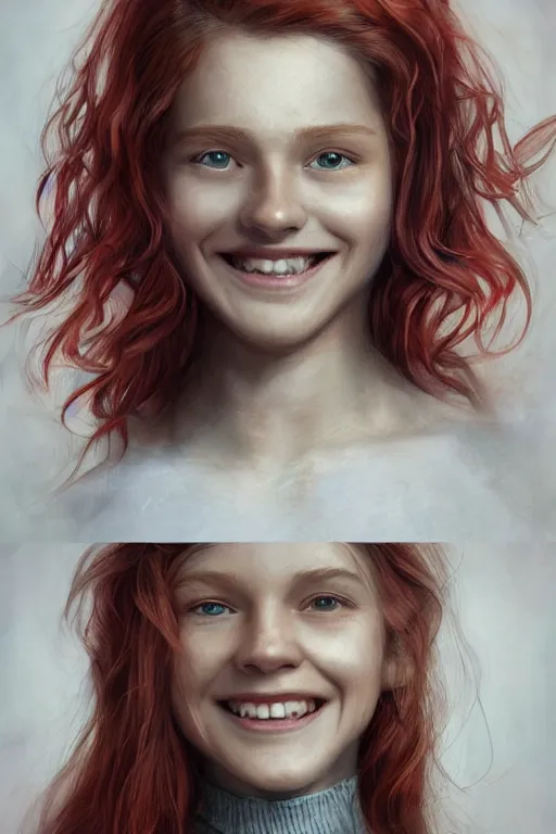 Image similar to ultra realistic style illustration of a cute red haired old teen smiling, long hair, 1 9 year old, portrait, sci - fi, fantasy, intricate, elegant, digital painting, artstation, concept art, smooth, sharp focus, illustration, 8 k frostbite 3 engine, ultra detailed, art by artgerm and greg rutkowski and magali villeneuve