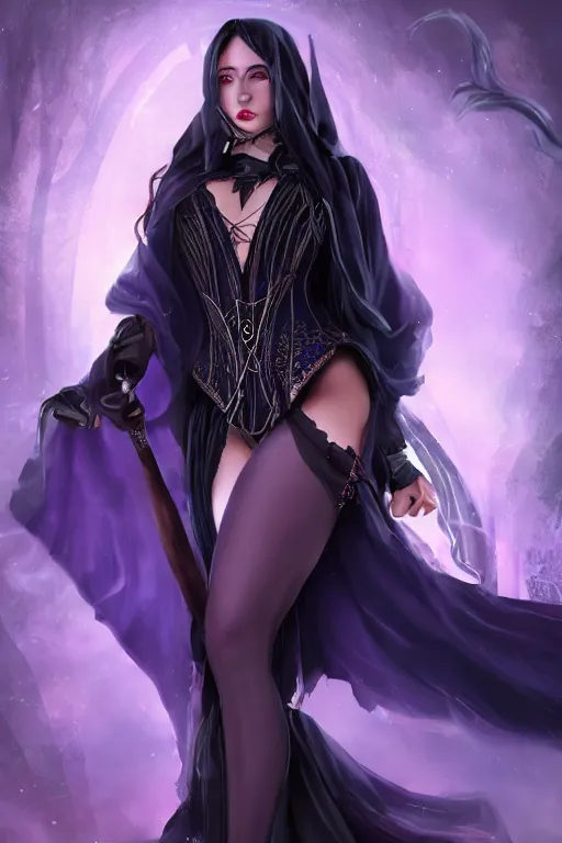 Prompt: Pretty Sorceress, wearing Black and purple robes, Dark blue hair, magic wooden staff, fully covered, corset, Epic fantasy, romantic lead, pretty face, trending by artstation, artstationhd, artstationhq, matte painting, 8k UHD