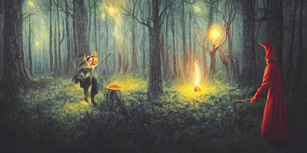 Image similar to wizard painting casting a spell in the forest at night