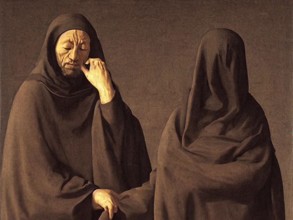 Image similar to Portrait of a cloaked prophet in trance, with the eyes closed. It snows inside. Painting by Zurbaran