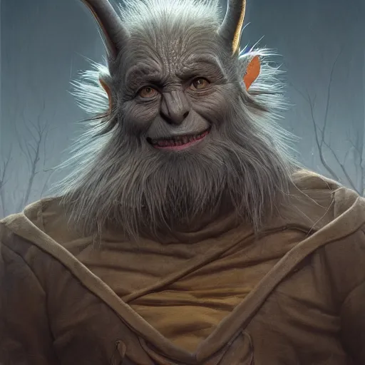 Prompt: Beautiful hyperrealistic detailed matte portrait painting of a grey goblin with wide head and a triangular upwards pointing nose, by andreas rocha and john howe, and Martin Johnson Heade, featured on artstation, featured on behance, golden ratio, f32, well composed, cohesive