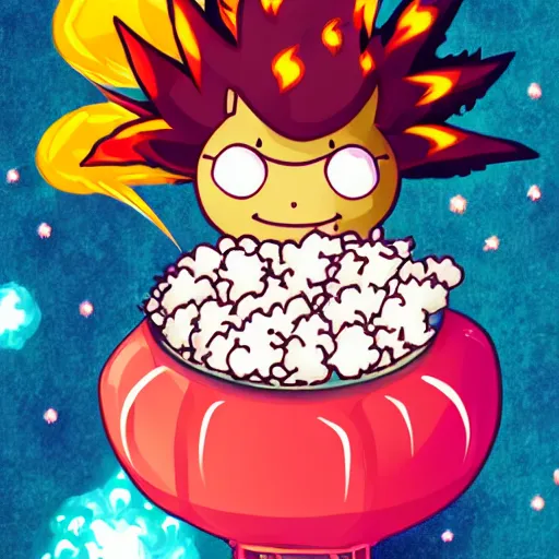 Image similar to kawaii wacky fluffy popcorn with lightning bolt power, yokai, in the style of a manga character, with a smiling face and flames for hair, sitting on a lotus flower, white background, simple, clean composition, symmetrical