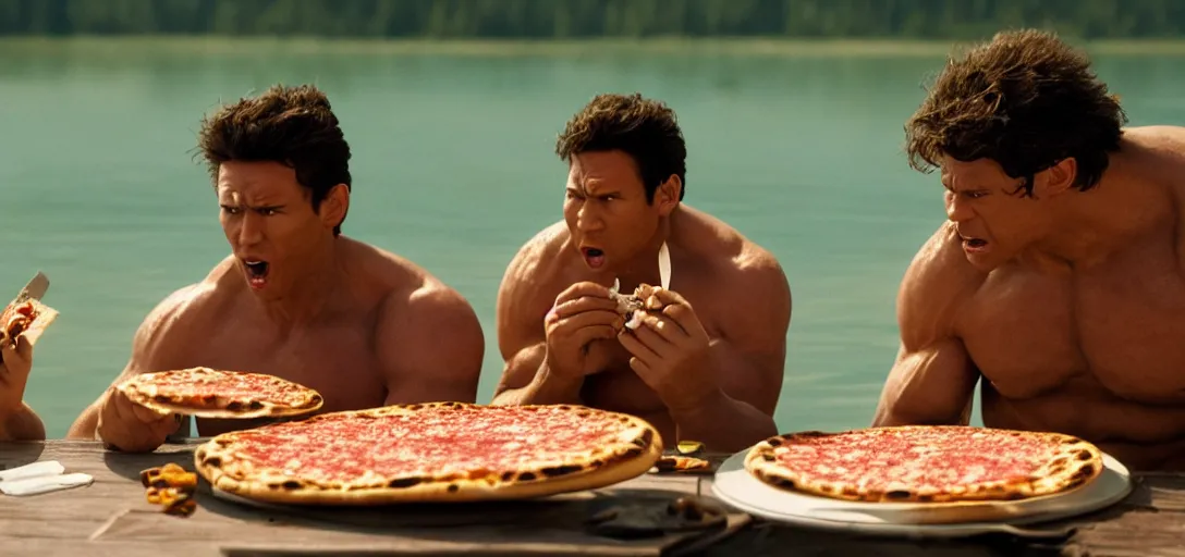 Image similar to a very high resolution image from a new movie. hulk eating pizza on a lake, photorealistic, photography, directed by wes anderson