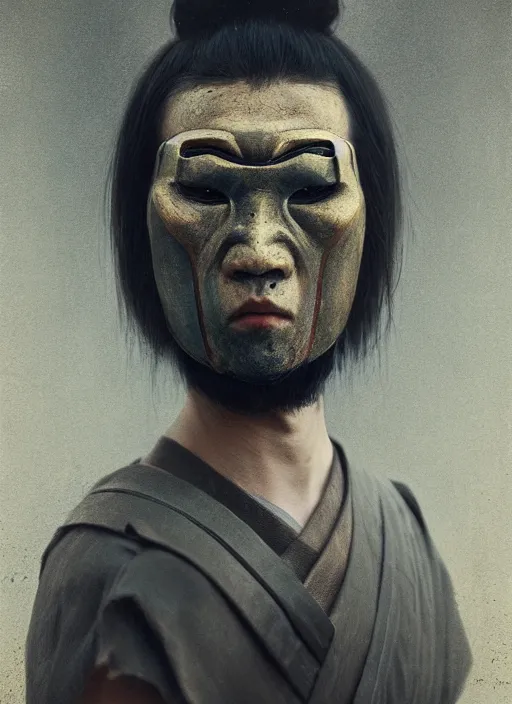 Image similar to samurai portrait, symmetrical face, wearing mempo mask, after a battle, dirt and unclean, extreme detail, cinematic, dramatic lighting render, photorealism photo by national geographic, tom bagshaw, masterpiece