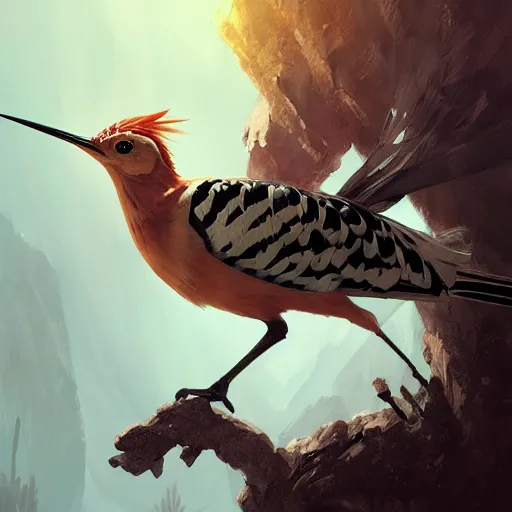 Image similar to hoopoe with big open crest in avila pinewood, 4 k, concept art, by wlop, ilya kuvshinov, artgerm, krenz cushart, greg rutkowski, pixiv. cinematic dramatic atmosphere, sharp focus, volumetric lighting, cinematic lighting, studio quality