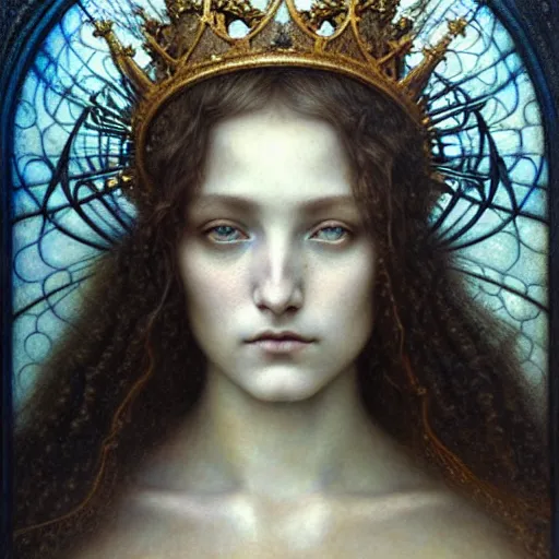 Image similar to detailed realistic beautiful young medieval queen face portrait by jean delville, tom bagshaw, brooke shaden, gustave dore and marco mazzoni, art nouveau, symbolist, visionary, gothic, pre - raphaelite, ornate gilded medieval icon, surreality, ethereal, unearthly, haunting, celestial, neo - gothic, ghostly, memento mori, enigmatic